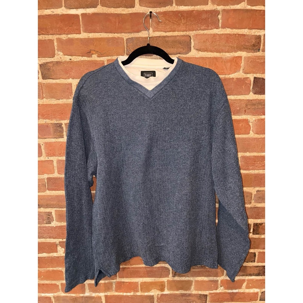 Haggar‎ Men Blue Ribbed Knit V-Neck Pullover Sweater Mock Neck Layer